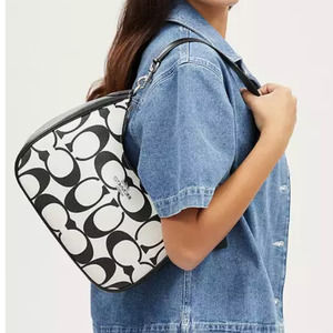 New Coach Teri Hobo In Signature Canvas Bag Black And White CC Logo